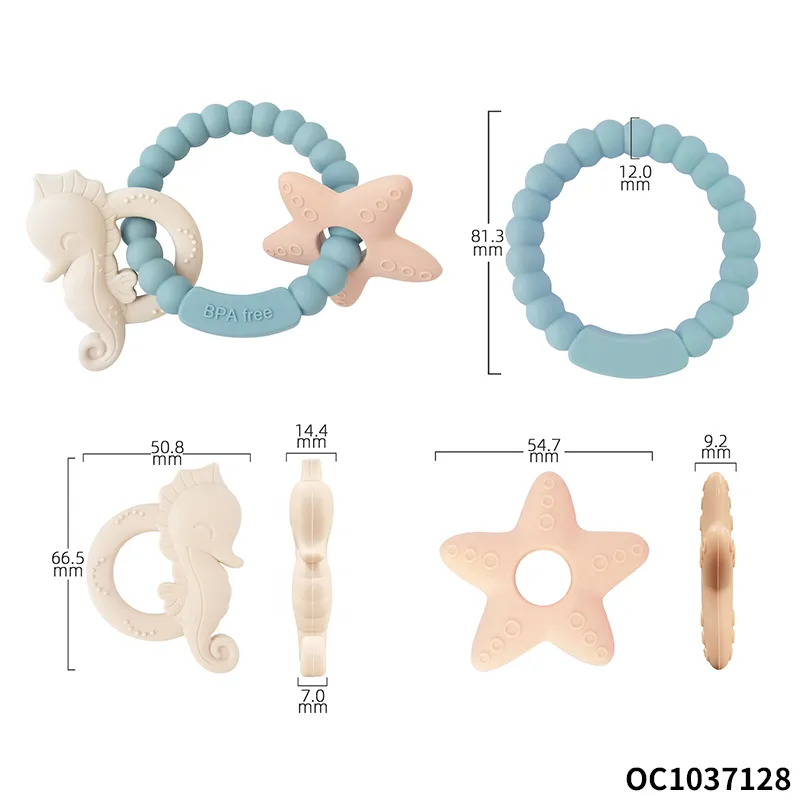Wholesale Montessori Lovely Rubber Sensory Teether Silicone Baby Teethers Rings Rattle Toys