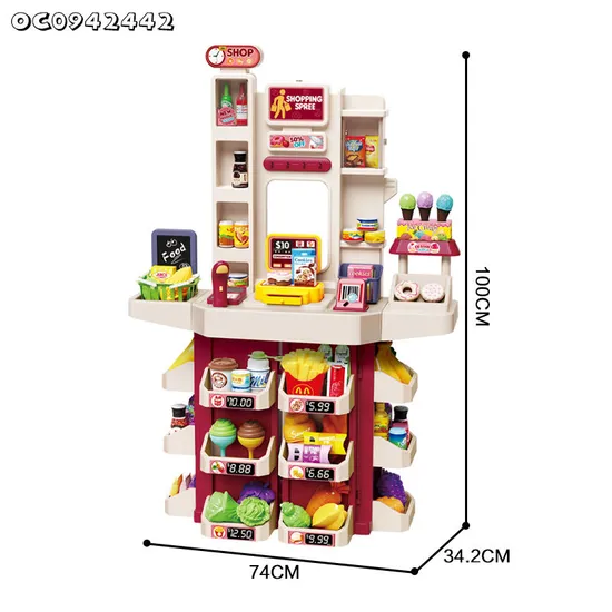 Home Supermarket Pretend Play Checkout Mini Food Set Toy Miniature Plastic Toy with Live Scanner Cash Register Card Reader for Kids