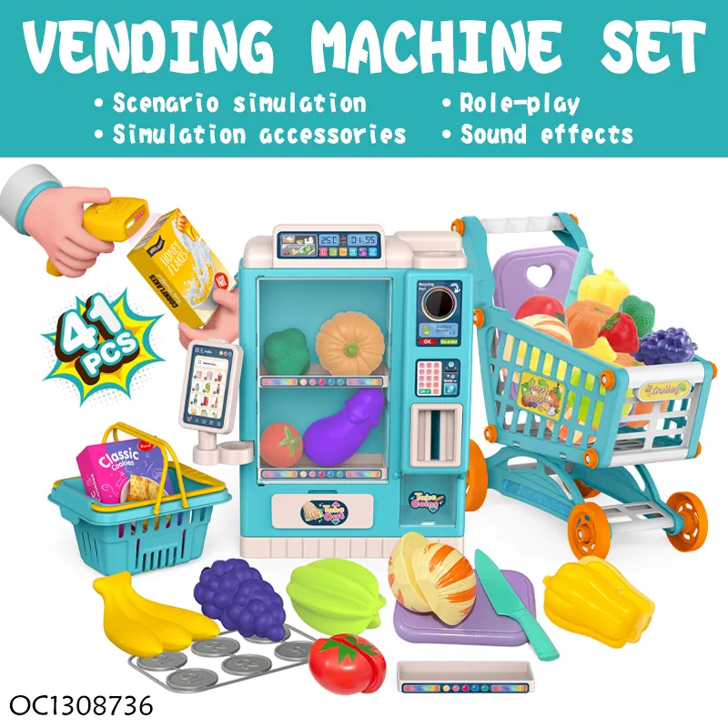 Supermarket Pretend Play Fruits and Vegetables Cutting Mini Vending Machines Pretend Plastic Shopping Cart Toy Wholesale