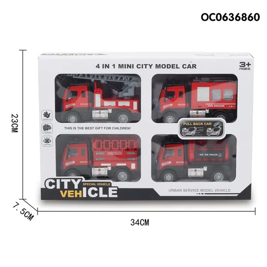 Wholesale Construction 4 Pieces Red Pullback Model Toy Car 1: 64 Plastic Fire Engine Truck Toy Set