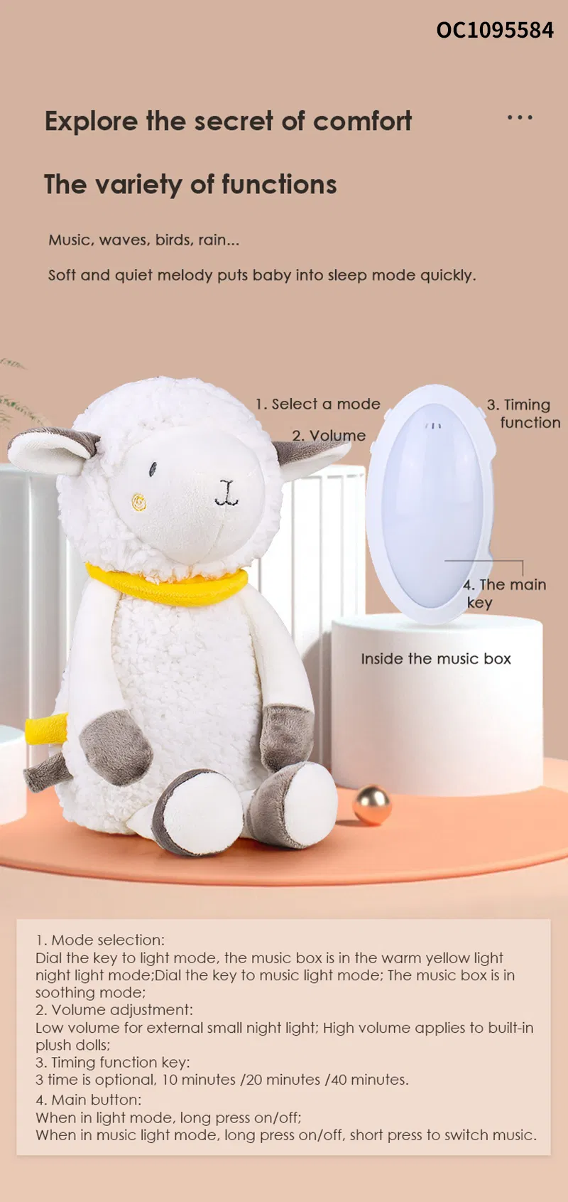 Wholesale Night Light Custom Light up Cute Sheep Singing Musical Stuffed Plush Animals Sensory Toy with Soothing Music