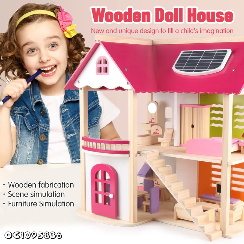 Wholesale Montessori Miniature Wooden Furniture DIY Doll House Family Pretend Set Toy Dollhouse for Children