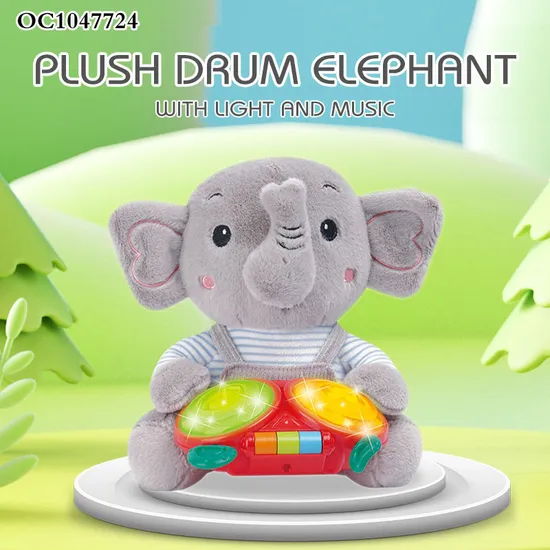 Wholesale Stuffed Battery Operated Hand Drum Musical Instrument Big Elephant Animal and Plush Toy Doll with Flashing Light