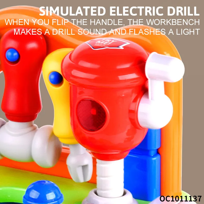 Multi-Accessories Fun Children Kids Pretend Play Construction Table Game Educational Mechanical Tool Box Set with Light Sound