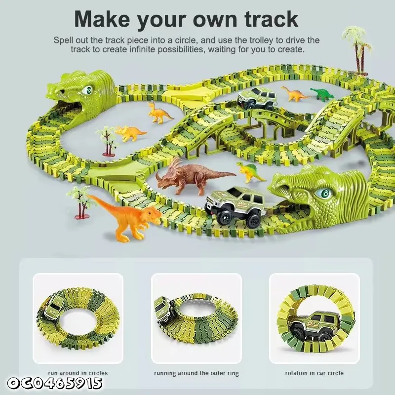 Gift Items Green Electric Dinosaur Truck Car Toy Race Multiple Track Assembly Game with PVC Dinosaur Model Toy for Boys