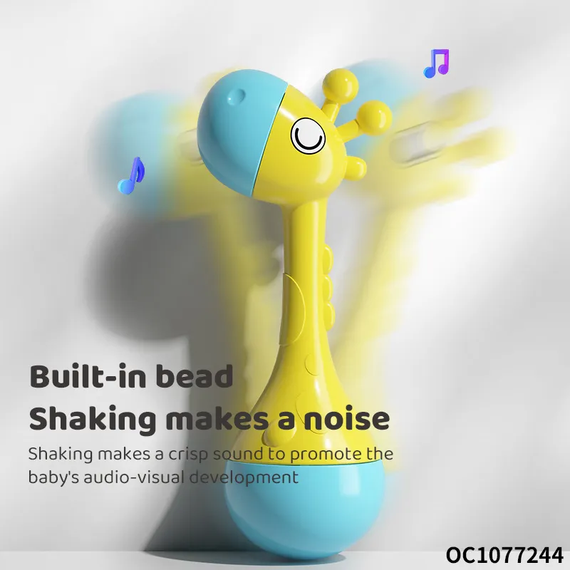 Custom Cartoon Giraffe Roly Poly Toy Plastic Shaker Sand Hammer with Bell Sound Cheap Musical Noise Maker Rattle Toy for Baby