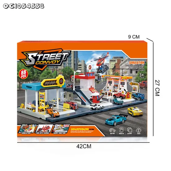 Boys Kids Gift Items Cartoon City Track Parking Lot Toy Gas Station Scenes Railway Racing Car Toys with 2PCS Alloy Car for Sale