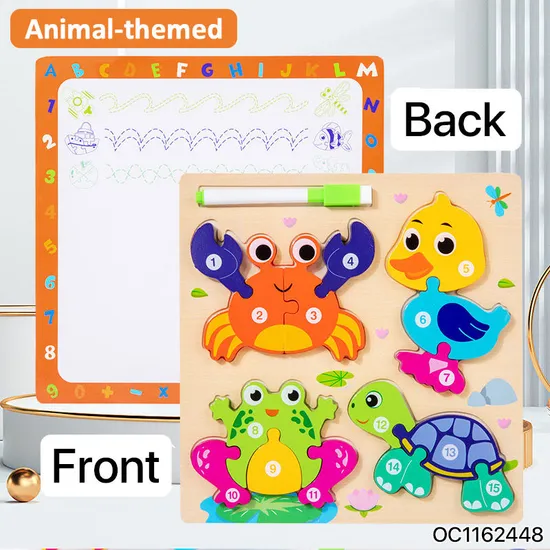Early Educational Baby Toys Wood 2025 Animal Mix and Match Jigsaw Puzzle Board 3D Cartoon Sea Animal Toy with Erasable Drawing Board
