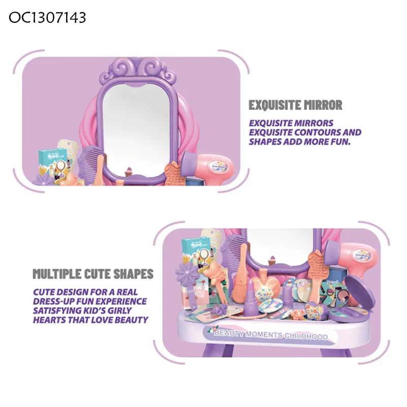 Purple Kids Home Play Set New Design Simple Modern Mirror Dressing Table Baby Girls with Multi Beauty Accessories