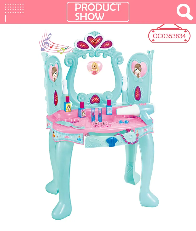 Musical Toy Little Baby Girl Makeup Table with Induction Opening Door Mirror