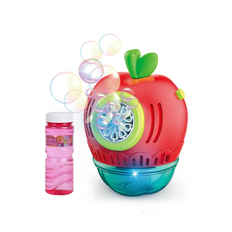 Summer Item Hot Selling Light up Automatic Fruit Design Electric Bubble Blower Machine Kid Outdoor Play Toy with Bubble Solution