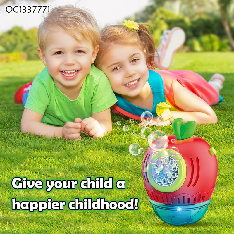 Summer Item Hot Selling Light up Automatic Fruit Design Electric Bubble Blower Machine Kid Outdoor Play Toy with Bubble Solution