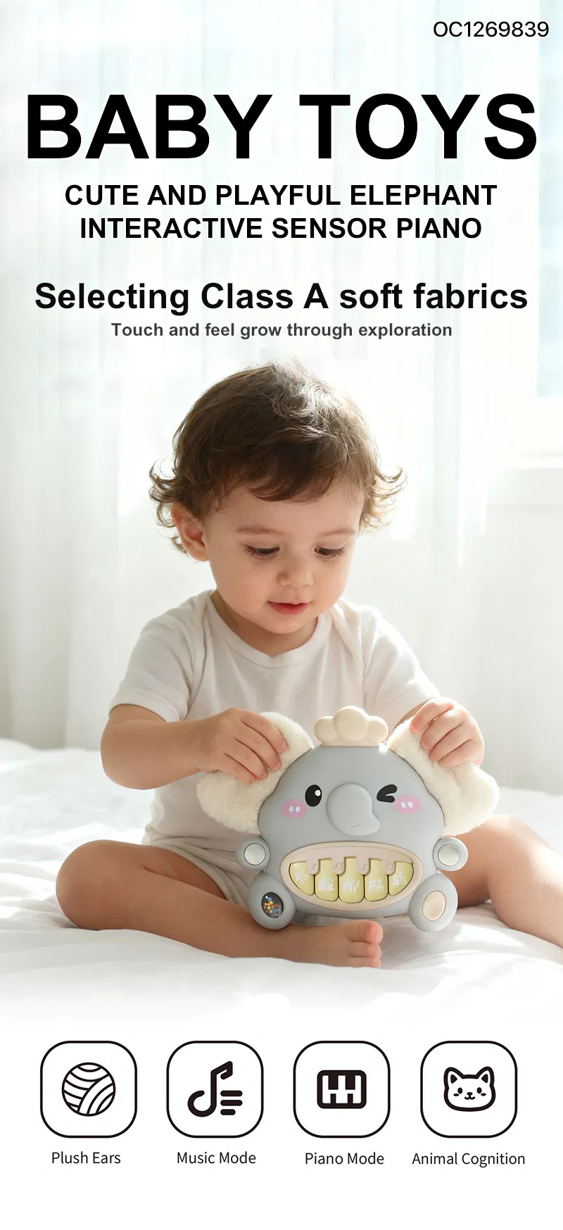 Trending Products 2026 New Arrival Baby Stuffed Animal Hanging Musical Sound Electronic Piano with Teether Soft Plush Rattle Toy