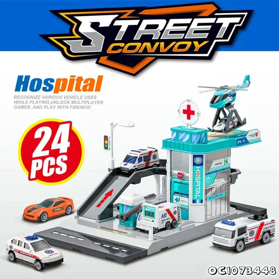 New Trending Simulation Cartoon City Track Parking Lot 2 in 1 Ambulance Toy Car Pretend Play Hospital Track for Kids with Plane