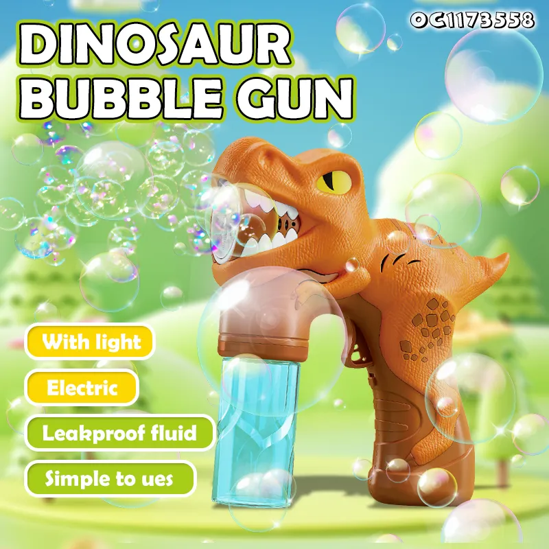 New Arrival Light up Electric Dinosaur Shaped Bubbles Gun Toys for Outdoor Children Play Game New Model Dinosaur Bubble Gun