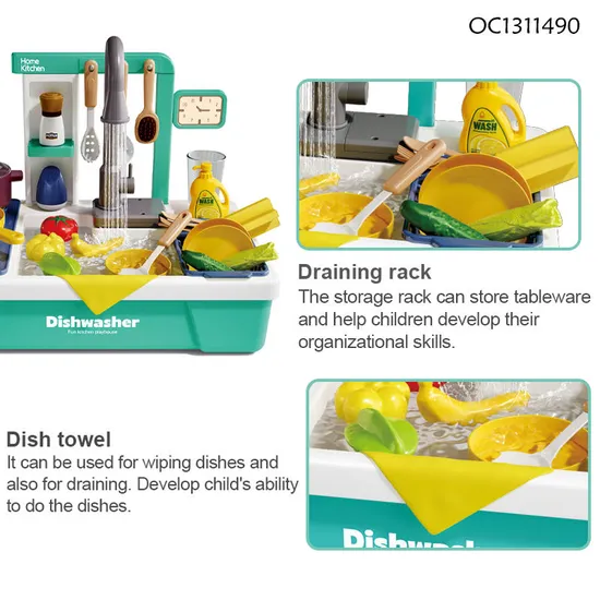 Wholesale Girl Pretend Spray Play Battery Operated Children's Plastic Kitchen Play Set Toy with Running Water Washing Machine