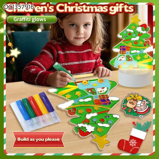 DIY Handmade Graffiti Toys LED Christmas Tree Lighted up Crystal Wholesale Magnetic Painting Gift Toy for Kid