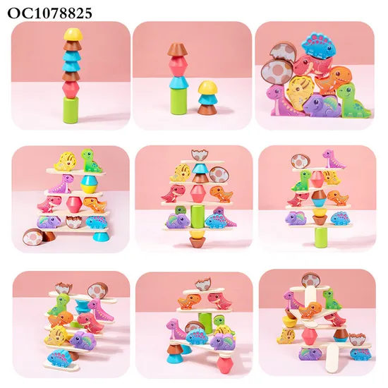Cartoon Animals Stacking up Wooden Tower Blocks Balance Child Custom Board Game Toy with Dinosaur for Wholesale