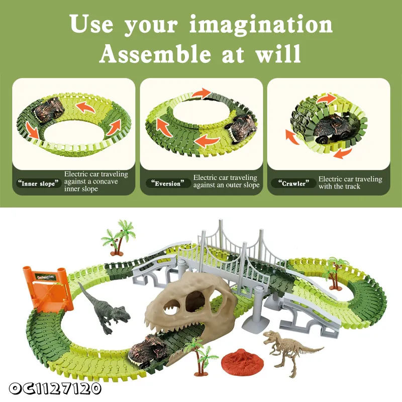 181PCS Dinosaur Theme Adventure Jigsaw Puzzle Track Cars DIY Assembling Rail Car Toys Slot Toys with Electric Dinosaur Car