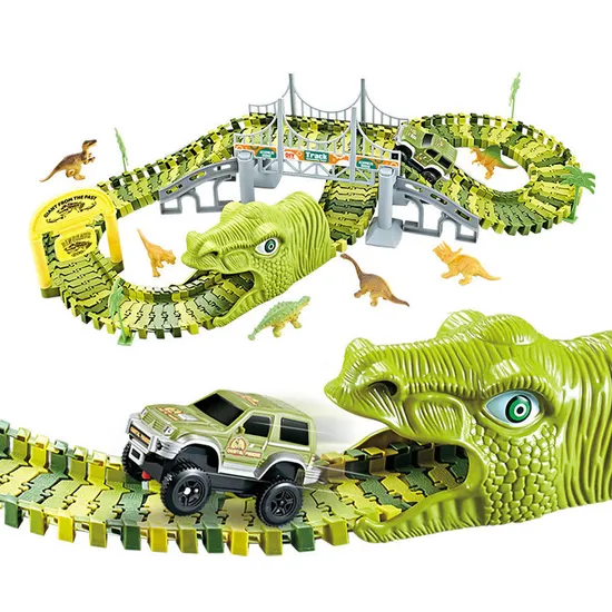 Electric Dinosaur Truck Car Play Set Toy DIY Flexible Race Assembly Puzzle Slide Track Fun Game Toy for Kids Boys with PVC Dinosaur