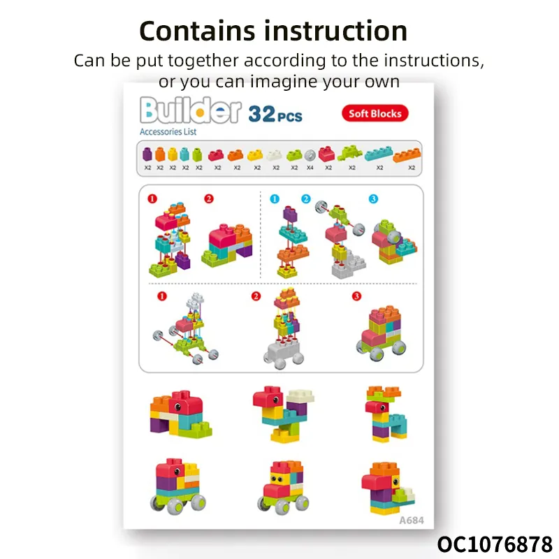 Wholesale Montessori Educational 32PCS Cartoon Animals Popular DIY Soft Baby Building Blocks Toy for Baby