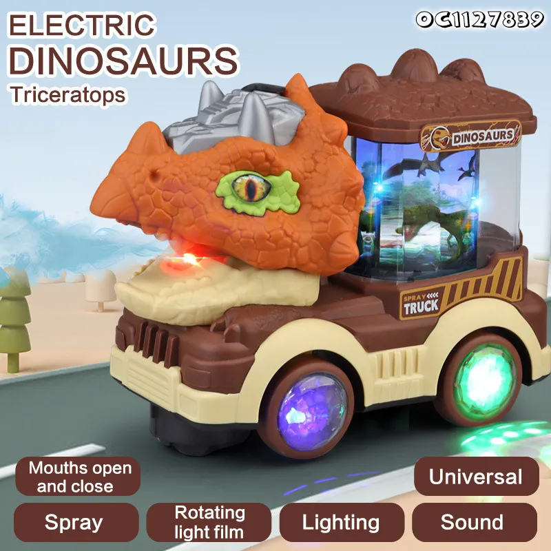 Universal Moving Mouth Water Mist Spray Dinosaur Friction Battery Powered Trucks Transport Car Carrier Toy with Light and Sound