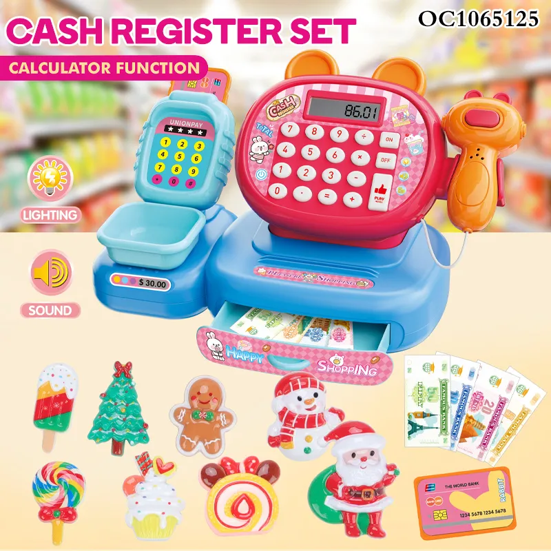 Funny Role Pretend Play Shopping Supermarket Cashier Register Toys Desk Toy for Children with Plastic Dessert Toys