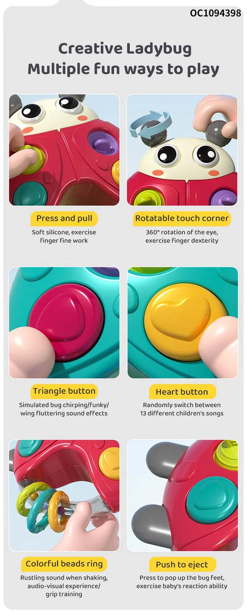 Battery Operated Baby Rattles Montessori Silicone Press Button Game 0-24 Months Toys with Light Music for Hand Eye Coordination Train