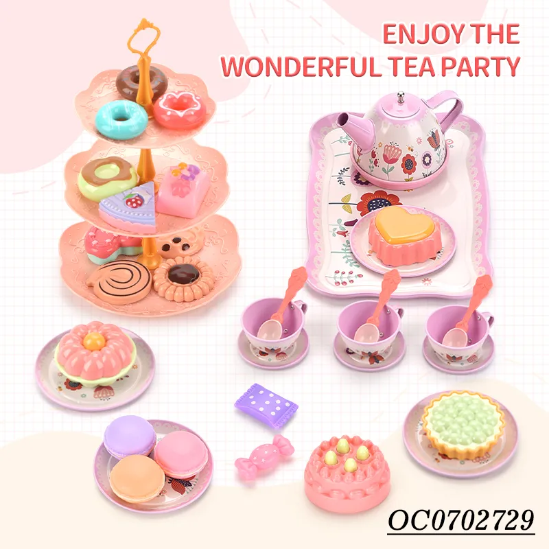 Wholesale Tableware Food Children Play Afternoon Tea Pink Plastic Kitchen Pretend Toy Set