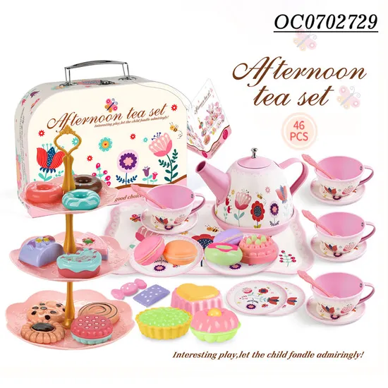 Wholesale Tableware Food Children Play Afternoon Tea Pink Plastic Kitchen Pretend Toy Set
