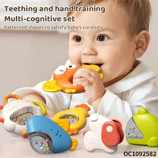 Wholesale Teether Lovely Animal Shape Hand Toys Baby Silicone Rattle Montessori Rattle Set Toy