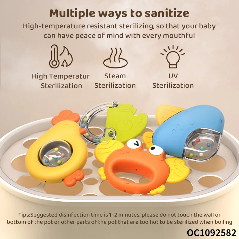 Wholesale Teether Lovely Animal Shape Hand Toys Baby Silicone Rattle Montessori Rattle Set Toy