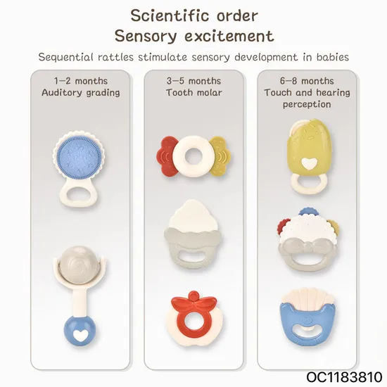 Wholesale Montessori Newborn Gift Set Soft Teether Silicone Plastic Hand Rattle Bell Baby Teether Toy