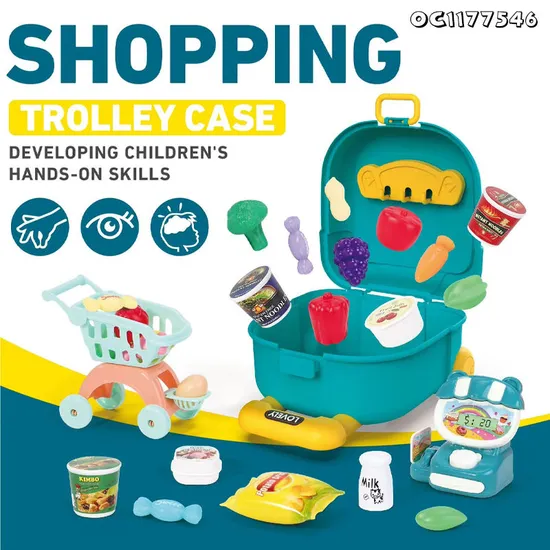 Mini Shopping Trolleys Carts Green Color Home Supermarket Toys Shop for Kids Girls Supermarket Goods Toy with Fruit Vegetable Food