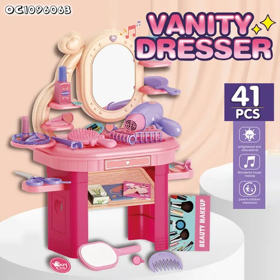 Wholesale Dressing Table Pink Fashion Girls Pretend Beauty Cosmetics Hair Salon Play Portable Makeup Kit Set Toy for Children with Light Music