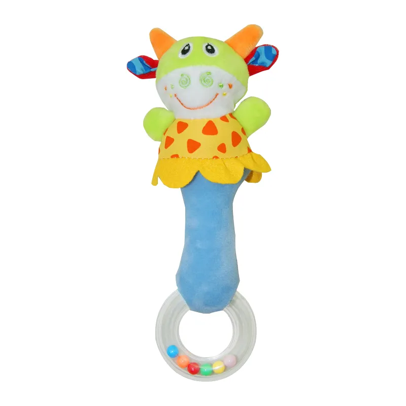 Cute Cow Design Easy Grasping Toys Soothing Soft Plush Baby Educational Hand Rattles Toys with Soft Toy Animal Head Design