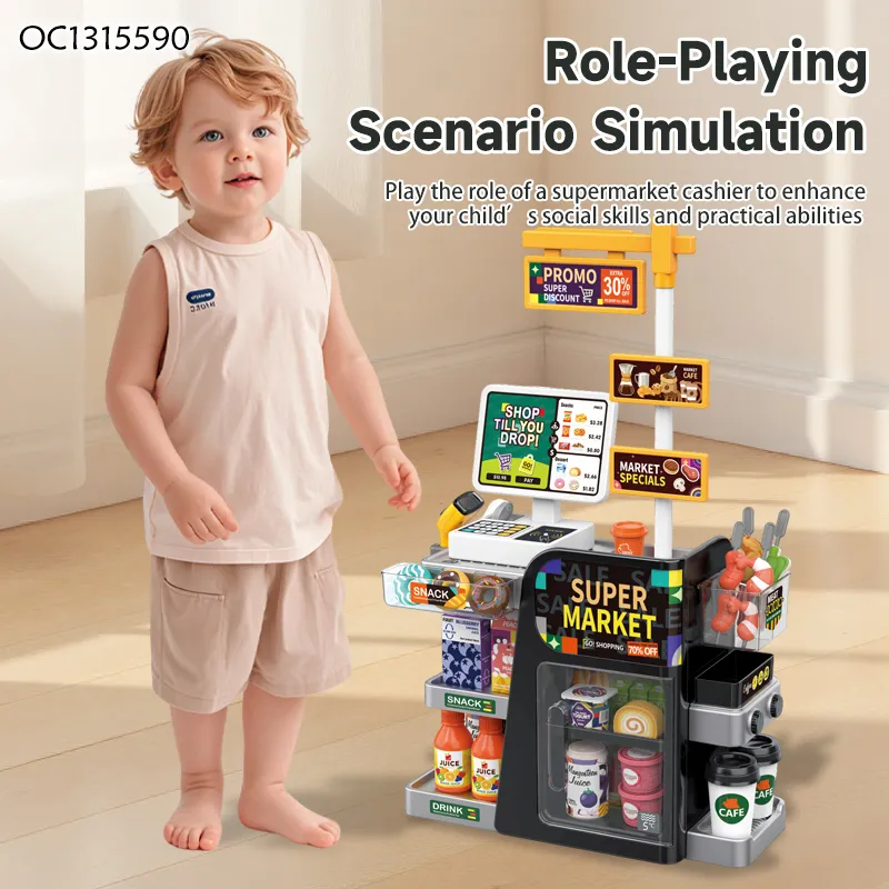 Children Role Play Game Educational Simulation Cashier Toys Equipment Pretend Play Indoor Playground Supermarket Toy with Food