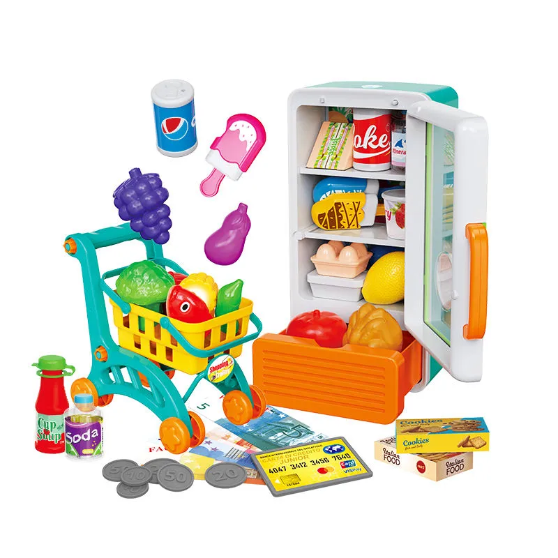 Simulation Food Plastic Toy Electric Mini Refrigerator Pretend City Play Houses with Supermarket Shopping Cart for Kids Children