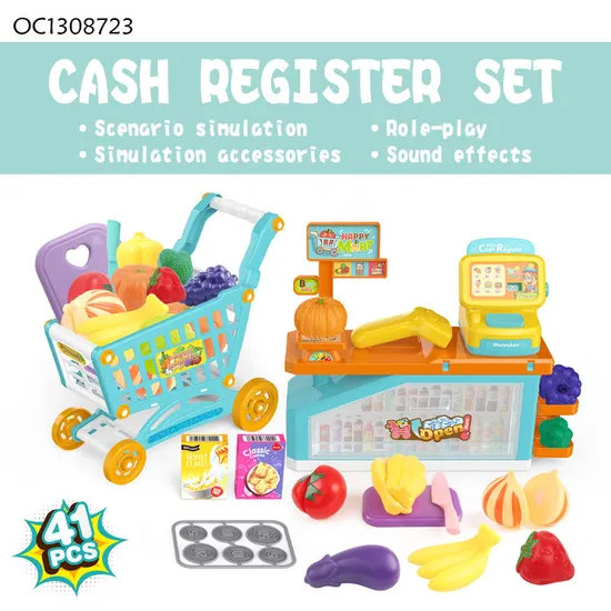 Good Quality Electronic Cash Register Supermarket Bill Counter Toy with Pretend Plastic Shopping Cart Fruit Vegetable Simulation