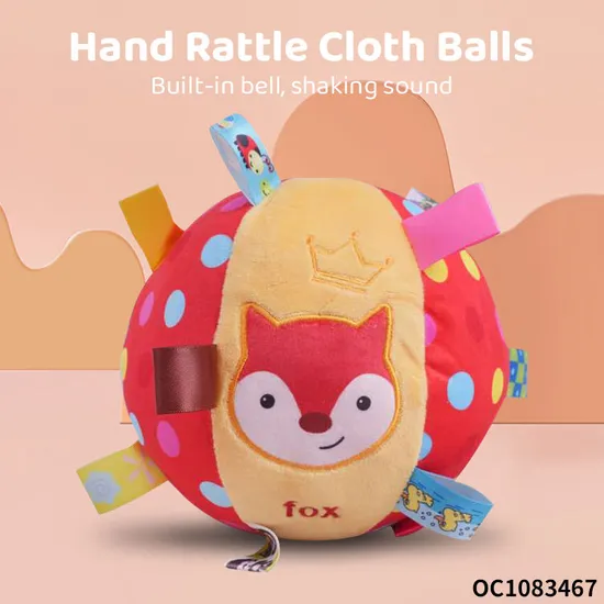 Personalized Cartoon Fox Design Soft Plush Hand Rattle Toy with Sound for New Born Baby Sensory Fidget and Soothing Cloth Ball Toy