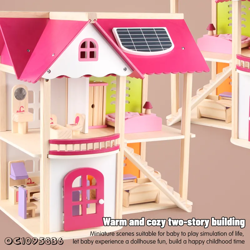 Wholesale Montessori Miniature Wooden Furniture DIY Doll House Family Pretend Set Toy Dollhouse for Children