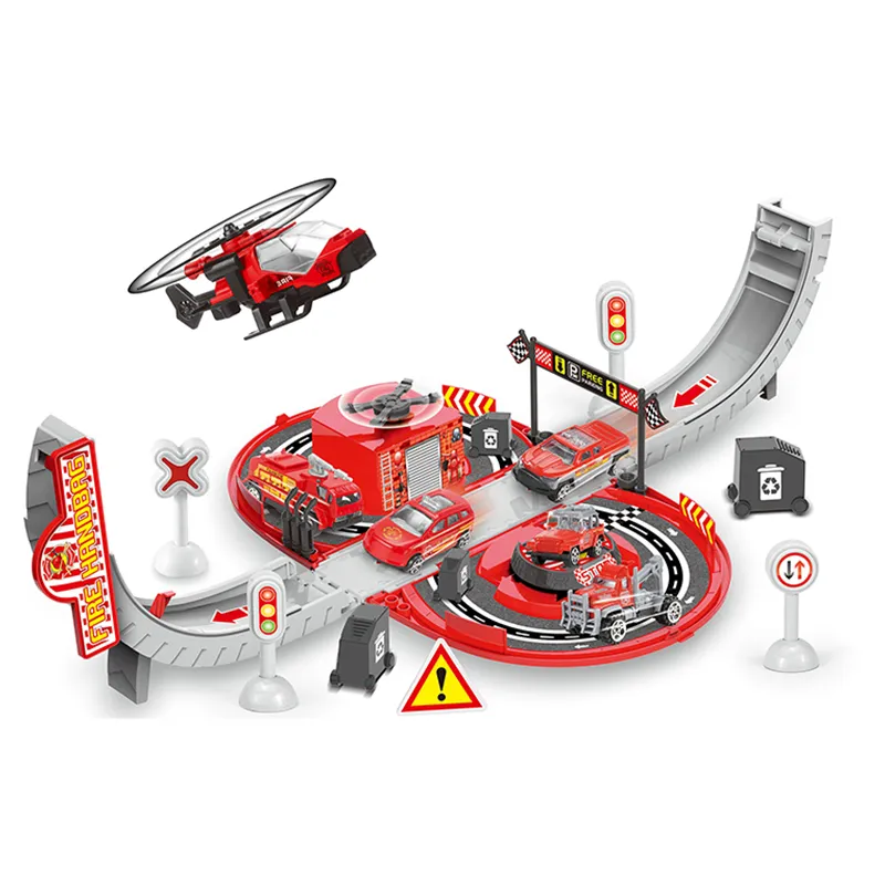 3 Pieces Fire Truck Toy Car Model Diecast Super Parking Lot Toys with Track Rail