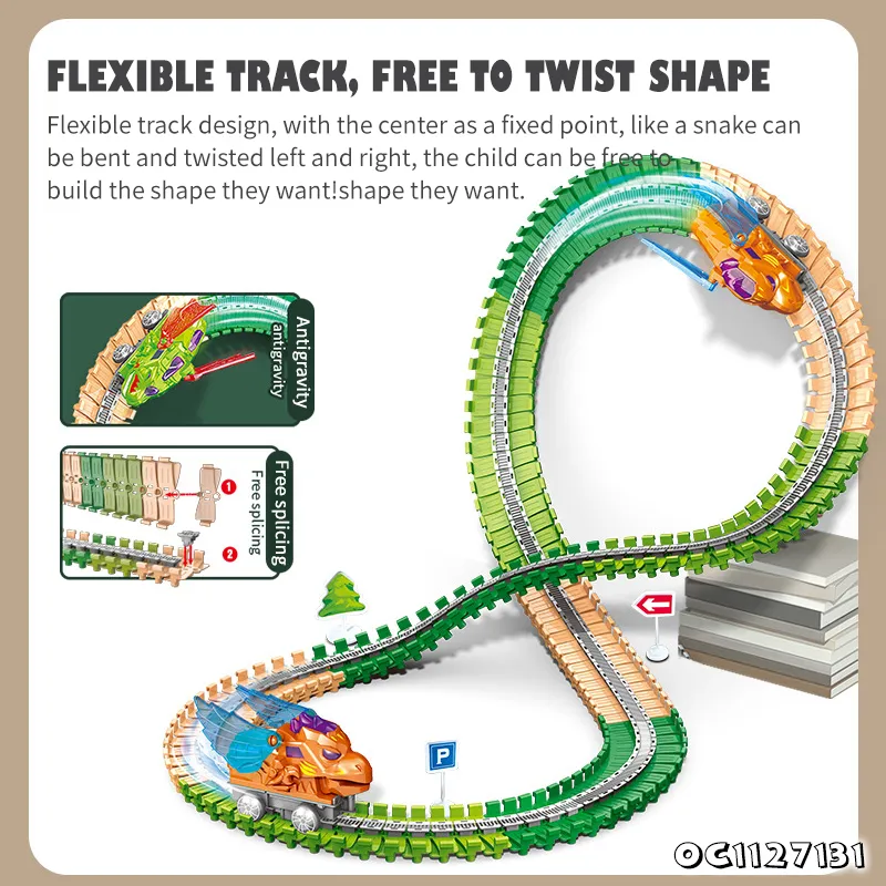300PCS Toys Electric Slot Dinosaur Car Anti Gravity Racing Building Block Plastic Flexible Track Sets with Music Light for Sale
