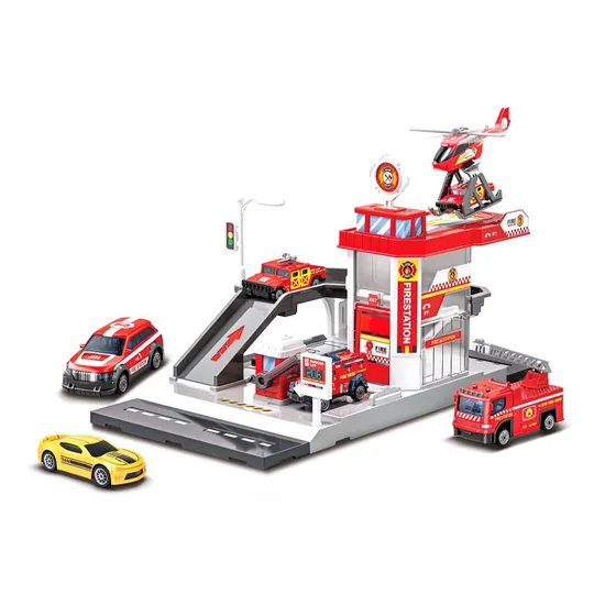 Wholesale Cartoon City Track Parking Lot Kids Fire Station Equipments Scene Set Fire Fighting Truck Toy with Plane and Fire Cars