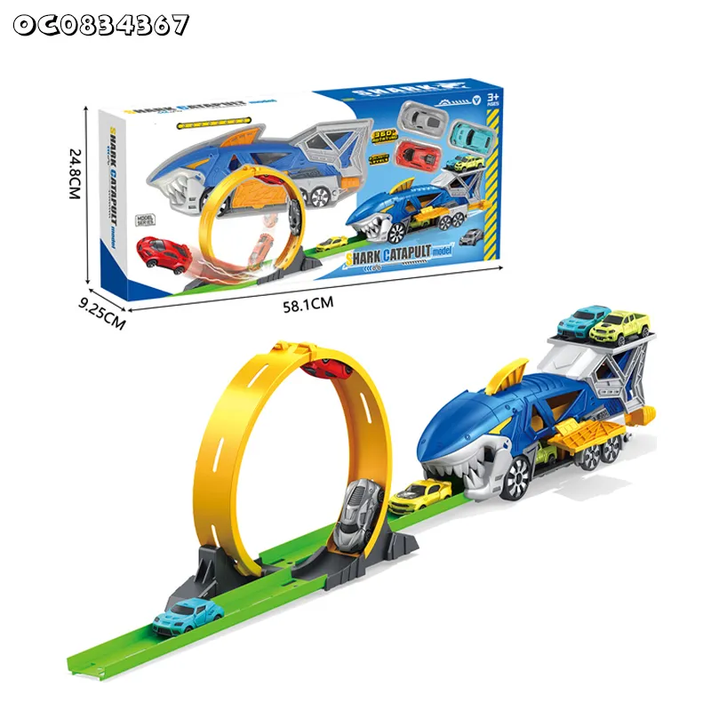 Ejection Flexible Racing Car Track Truck Catapult Small Transport Shark Car Gift Play Toys for Kids Boys with Mini Cars