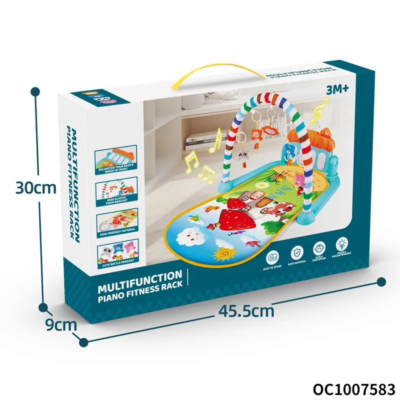 Cartoon Animals Design Baby Musical Activity Gym Foam Play Mat Piano for Floor Tummy Time with Hanging Rattles