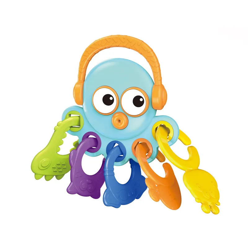 Baby Hand Guard Teether Food Grade Silicone Chew Montessori Sensory Rattle Toy for 0-6 6-12 Months with Matching Shape Blocks