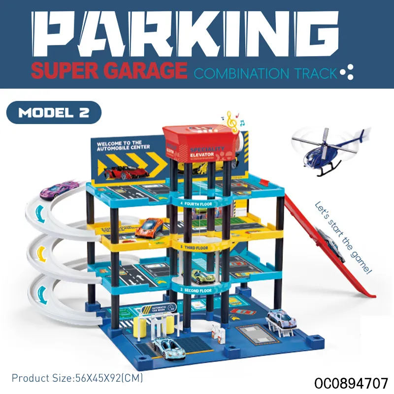 4 Layers Kids Road Track Construction Rail Parking Lot Toys with 4PCS Sliding Alloy Cars Plane
