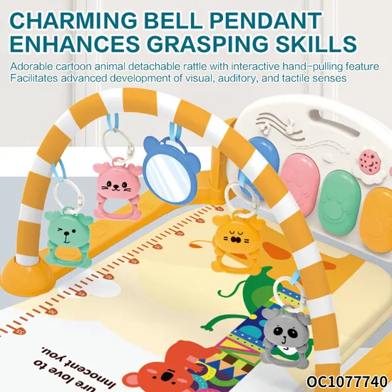 Hot Selling Cartoon Flooring Carpet Activity Musical Gym Play Mat with Pedal Piano Hanging Animal Rattles
