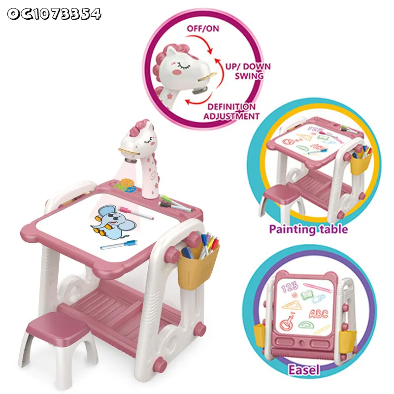 Early Education Toys New Kids Electronic Light up Drawing Writing Board Flashlight Projector Learning Desk Chair Set with Pens